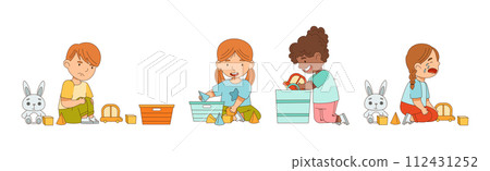 Little Boy and Girl Playing Toys in Playroom Vector Set 112431252