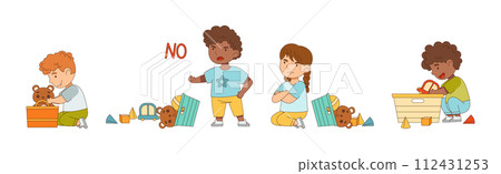 Little Boy and Girl Playing Toys in Playroom Vector Set Little Boy and Girl Playing Toys in Playroom Vector Set 112431253