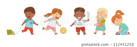 Little Boy and Girl Playing Toys in Playroom Vector Set 112431258