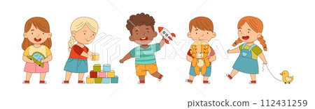 Little Boy and Girl Playing Toys in Playroom Vector Set 112431259