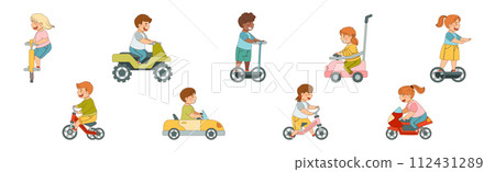 Children Ride Different Transport Enjoy Driving Vehicle Vector Set 112431289