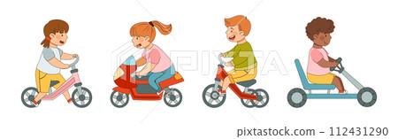 Children Ride Different Transport Enjoy Driving Vehicle Vector Set 112431290