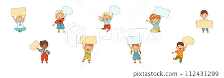 Smiling Kids Character Holding Empty Plaque or Signboard Vector Set 112431299