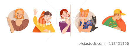 People Characters Looking Out of Window of Geometrical Shape Vector Set 112431306