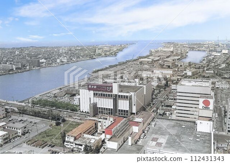 Scenery of Niigata City about 36 years ago [around 1988] seen from Rainbow Tower (colorized monochrome photo) 112431343
