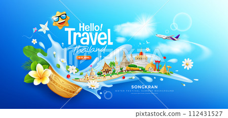 Songkran water festival travel thailand, flowers in a water bowl water splashing, Thailand tourism architecture, banner design Songkran water festival travel thailand, flowers in a water bowl water splashing, Thailand tourism architecture, banner design 112431527