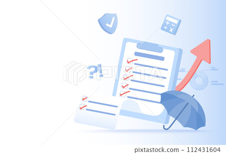 Business ideas and checklist concept. Schedule planning checklist, daily task, policy list, insurance, financial management, assignment to achieve success. Flat vector illustration with copy space. Business ideas and checklist concept. Schedule planning checklist, daily task, policy list, insurance, financial management, assignment to achieve success. Flat vector illustration with copy space. 112431604