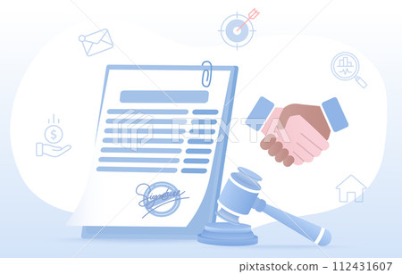 Contract agreement and company commitment concept. Business contract employment, labour, job benefit, confirmation, purpose and cooperation. Flat vector design illustration. Contract agreement and company commitment concept. Business contract employment, labour, job benefit, confirmation, purpose and cooperation. Flat vector design illustration. 112431607