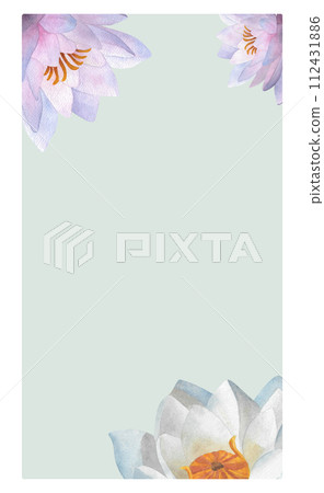 Postcard template Watercolor purple white waterlilies light green background Lotus flower Hand drawn floral illustration for Women's day 2024, Mother's day, birthday, spa yoga certificate For text 112431886