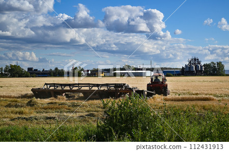 Combine harvester harvests ripe wheat. Ripe ears of gold field on the sunset cloudy orange sky background. . Concept of a rich harvest. Agriculture image. 112431913