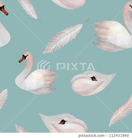Watercolor swans feather seamless pattern Hand drawn illustration with pastel birds and quills for wallpaper textile wrapping paper clothes baby decor 2024 Azure background Delicate print turquoise 112431948