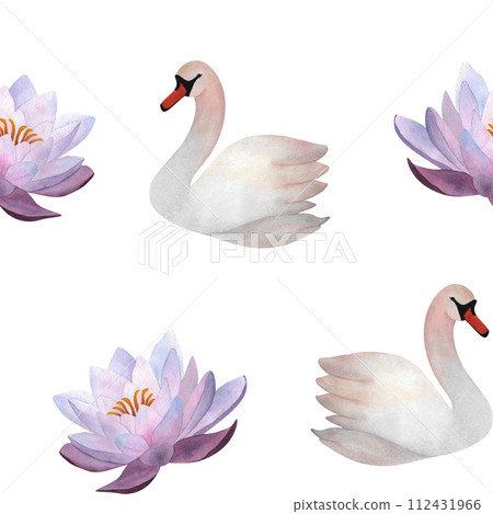 Watercolor swans and purple waterlilies seamless pattern Pastel bird flowers for textile, wrapping, paper childish clothes, baby decor 2024, wallpaper spa Delicate print on white background Watercolor swans and purple waterlilies seamless pattern Pastel bird flowers for textile, wrapping, paper childish clothes, baby decor 2024, wallpaper spa Delicate print on white background 112431966