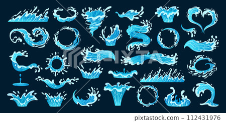 Cartoon water drop splash set. Blue liquid drops and water flows, transparent water splashes, clean drops frames flat vector illustration set. Water waves collection Cartoon water drop splash set. Blue liquid drops and water flows, transparent water splashes, clean drops frames flat vector illustration set. Water waves collection 112431976