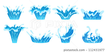 Cartoon water splashes. Blue ocean waves, aqua splashing, clean water splash flat vector illustration collection. Transparent water motion set 112431977