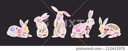 Easter bunnies silhouettes. Cute spring rabbits silhouettes decorated with flowers, easter hares flat vector illustration set. Cartoon rabbits collection 112431978
