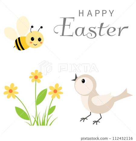 Happy Easter vector card. Sparrow, bee and flower. Spring card. Postcard with spring flowers. 112432116