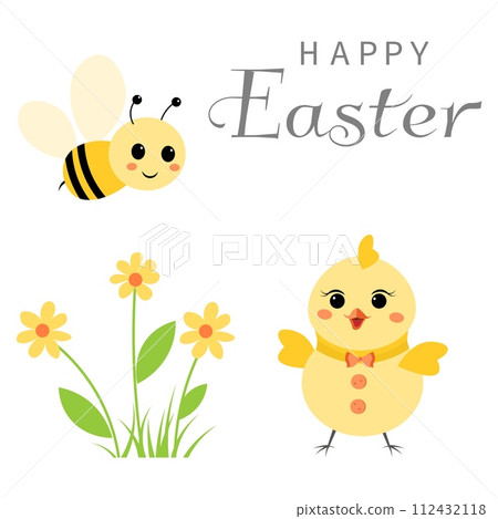 Happy Easter vector card. Little chicken, bee and flower. Spring card. Postcard with spring flowers. Happy Easter vector card. Little chicken, bee and flower. Spring card. Postcard with spring flowers. 112432118