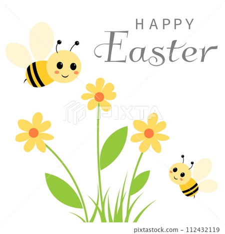Happy Easter vector card. Cute bees and flower. Spring card. Postcard with spring flowers. Happy Easter vector card. Cute bees and flower. Spring card. Postcard with spring flowers. 112432119