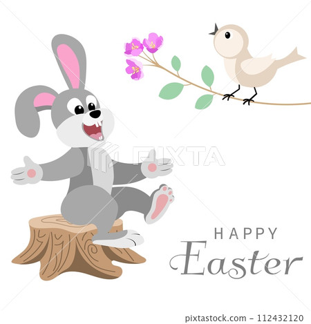 Happy Easter vector card. Rabbit and singing bird on a flowering branch. Spring card. Postcard with spring flowers. Happy Easter vector card. Rabbit and singing bird on a flowering branch. Spring card. Postcard with spring flowers. 112432120