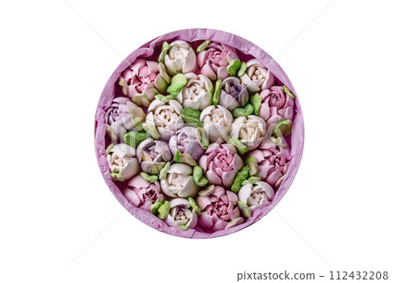 Beautiful tasty marshmallows in the form of tulip buds 112432208