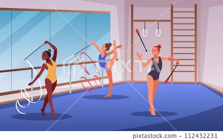 Artistic gymnast workout. Rhythmic gymnasts train, flexible girls in suits with ribbons, clubs, professional athletes, sport school, cartoon flat style isolated tidy vector concept Artistic gymnast workout. Rhythmic gymnasts train, flexible girls in suits with ribbons, clubs, professional athletes, sport school, cartoon flat style isolated tidy vector concept 112432231