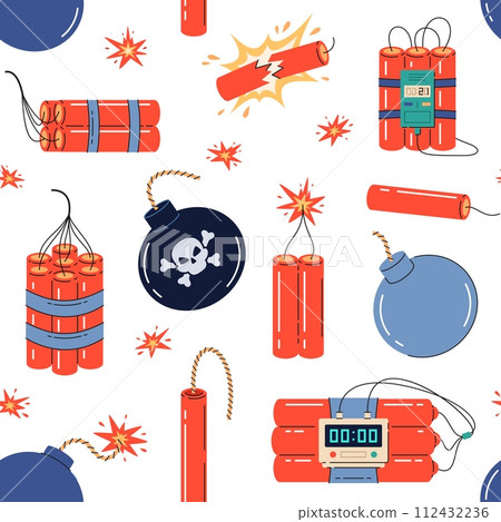 Dynamite and bombs seamless pattern. Round explosives with burning wicks, bundle of dynamite with timer, military weapons. Textile, wrapping paper, wallpaper design. Vector background 112432236