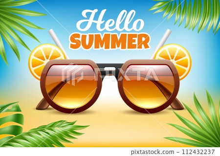 Hello summer. Sunglasses on seashore, tropical palm leaves. Summertime party and sale banner, vacation on ocean. Modern accessory. Trendy eyewear. Realistic isolated elements. Vector concept 112432237