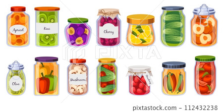 Jars preserved vegetables. Pickled fruits, berries and mushrooms, organic fermented food in glass containers, homemade cucumber conserves, cartoon flat style isolated tidy vector set Jars preserved vegetables. Pickled fruits, berries and mushrooms, organic fermented food in glass containers, homemade cucumber conserves, cartoon flat style isolated tidy vector set 112432238