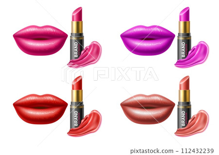 Lipstick colors. Sexy women lips, cosmetic packaging and color sample. Isolated on white background realistic elements for product presentation banner. Luxury makeup advertising. Vector set 112432239