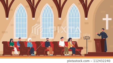 People in church. Catholic priest speaks to congregation, religious men and women on benches, society spirituality, pastor on tribune, cartoon flat style isolated nowaday vector concept People in church. Catholic priest speaks to congregation, religious men and women on benches, society spirituality, pastor on tribune, cartoon flat style isolated nowaday vector concept 112432240