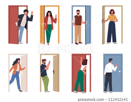 People in doorway. Men and women open and close doors, visitors come in and out, persons use house and office entries, exit and entrance cartoon flat isolated illustration, nowaday vector set People in doorway. Men and women open and close doors, visitors come in and out, persons use house and office entries, exit and entrance cartoon flat isolated illustration, nowaday vector set 112432241