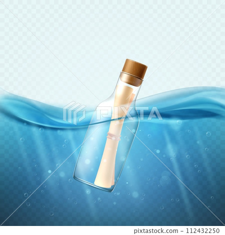 SOS bottle. Help letter in glass container swimming in ocean. Floating secret parchment document. Pirate adventures. Realistic isolated elements on transparent background. Vector concept 112432250