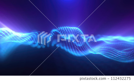 Blue energy magic waves high tech digital iridescent morphing with light rays lines and energy particles. Abstract background Blue energy magic waves high tech digital iridescent morphing with light rays lines and energy particles. Abstract background 112432275