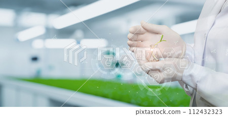 Lab technician shows a plant sample for research. Lab technician shows a plant sample for research. 112432323