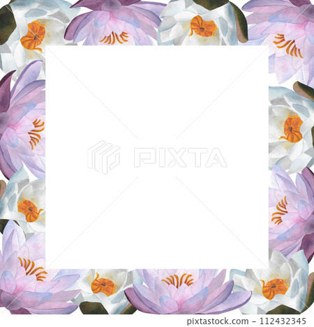 Horizontal square frame with delicate watercolor violet and white waterlilies Floral clipart for postcards, decoration, posters, ads,frameworks, Women's day 2024, Mother's day, birthday Botanical 112432345