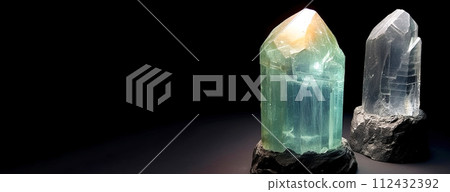 Goshenite is rare precious natural stone on black background. AI generated. Header banner mockup with space. 112432392