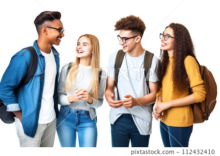 Close-up of a group of smiling young people students in uniform, white background isolate. 112432410