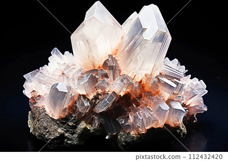 Apophyllite is a rare precious natural stone on a black background. AI generated. Header banner mockup with space. 112432420
