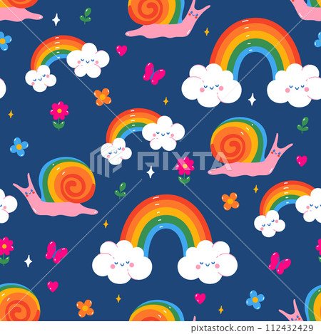 Seamless pattern with snails and rainbows. Vector graphics. 112432429