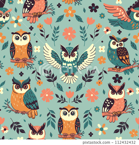 Seamless pattern with owls and flowers. Vector graphics. 112432432