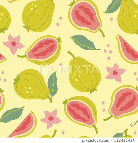 Seamless pattern with guava fruits, leaves and flowers. Vector graphics. Seamless pattern with guava fruits, leaves and flowers. Vector graphics. 112432434