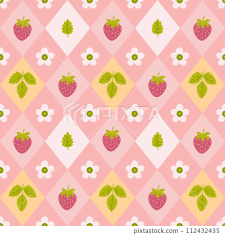 Seamless diamond pattern with strawberries, flowers and leaves. Vector graphics. 112432435