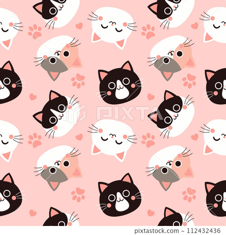 Seamless pattern with cute cat faces on a pink background. Vector graphics. 112432436