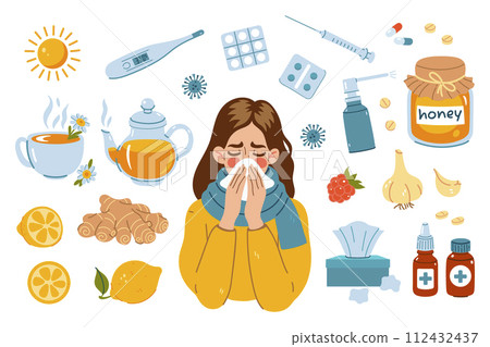 Set of vector graphics of cold treatment items. Vector graphics. 112432437