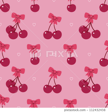 Seamless pattern with cherries and bows. Vector graphics. 112432438