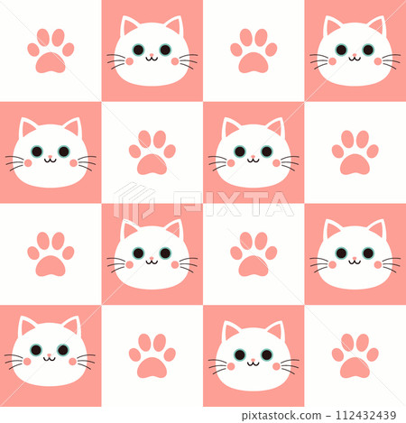 A simple seamless checkered pattern with cats faces and paws. Vector graphics. A simple seamless checkered pattern with cats faces and paws. Vector graphics. 112432439