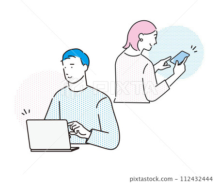 Men and women searching for jobs on smartphones and computers - vector simple illustration set Men and women searching for jobs on smartphones and computers - vector simple illustration set 112432444