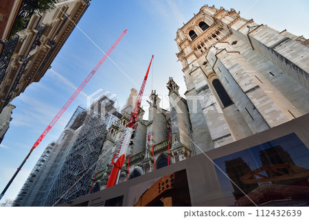 Paris, France. Notre Dame Cathedral is being rebuilt with its spire restored. Photographed on December 17, 2023. Paris, France. Notre Dame Cathedral is being rebuilt with its spire restored. Photographed on December 17, 2023. 112432639