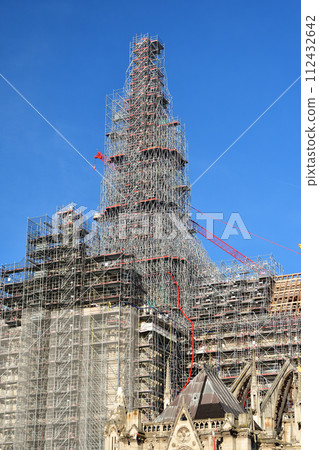 Paris, France. Notre Dame Cathedral is being rebuilt with its spire restored. Photographed on December 17, 2023. Paris, France. Notre Dame Cathedral is being rebuilt with its spire restored. Photographed on December 17, 2023. 112432642