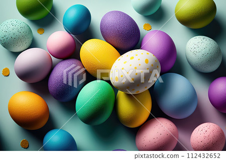 Multicolored decorated chicken eggs on a white background. View from above. AI generated. 112432652